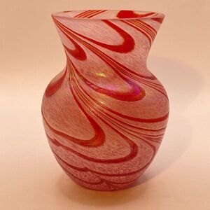 Studio Art Glass Vase Iridescent With Emerald Red Swirls Hand Blown Glass